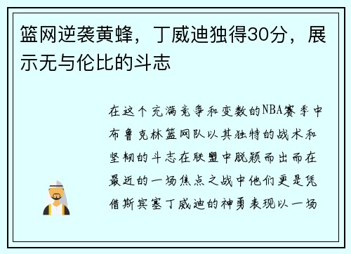 篮网逆袭黄蜂，丁威迪独得30分，展示无与伦比的斗志