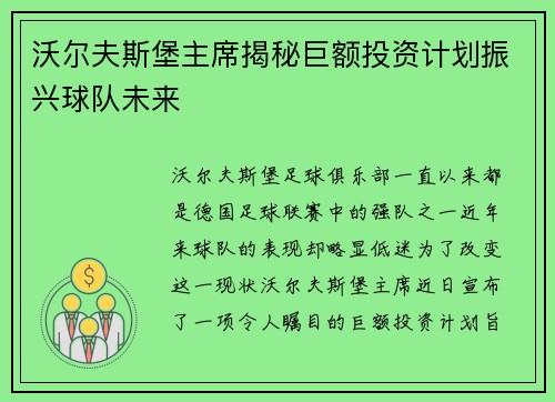 沃尔夫斯堡主席揭秘巨额投资计划振兴球队未来